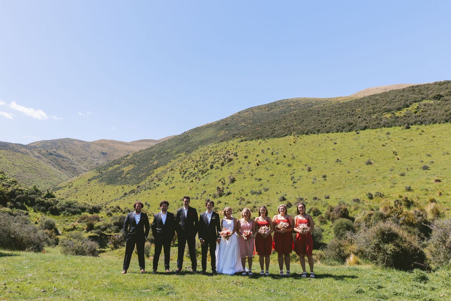 Wedding party stands in formation against rolling green hills and mountains on a sunny day.