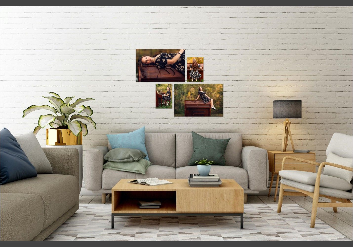 A portrait photograph display in a decorative frame sits on a wooden table surrounded by pink and green floral elements.