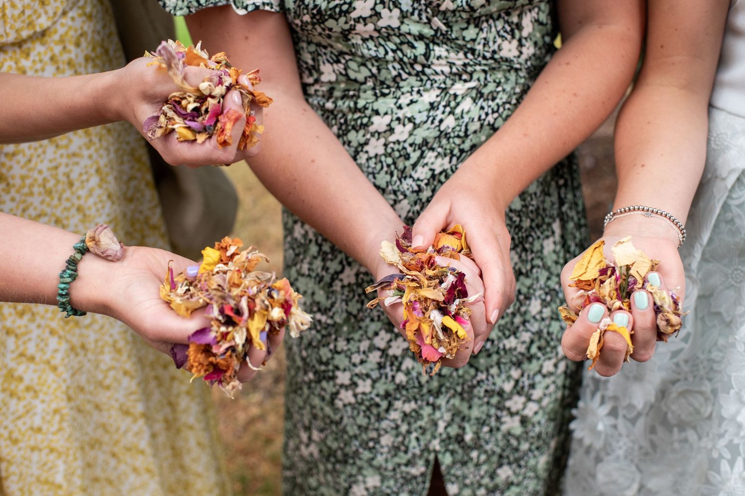 Five hands with handfuls of petal confetti