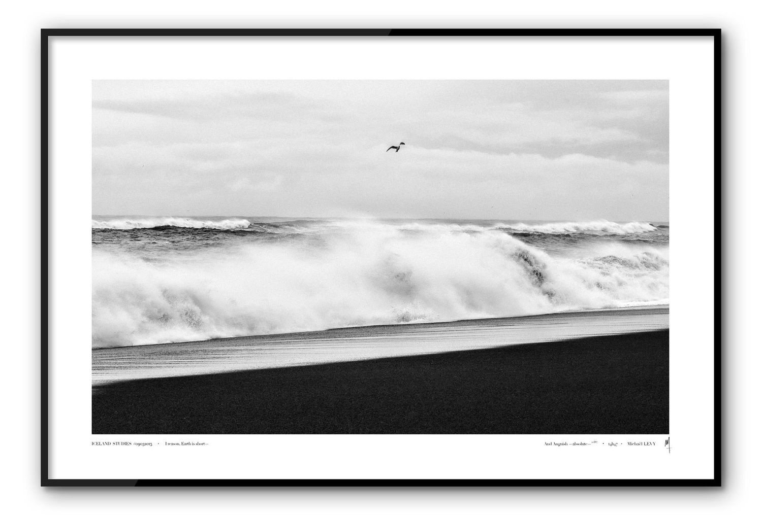 A series of minimalist black and white landscape photographs showing curved coastlines and ocean waves from an aerial view.