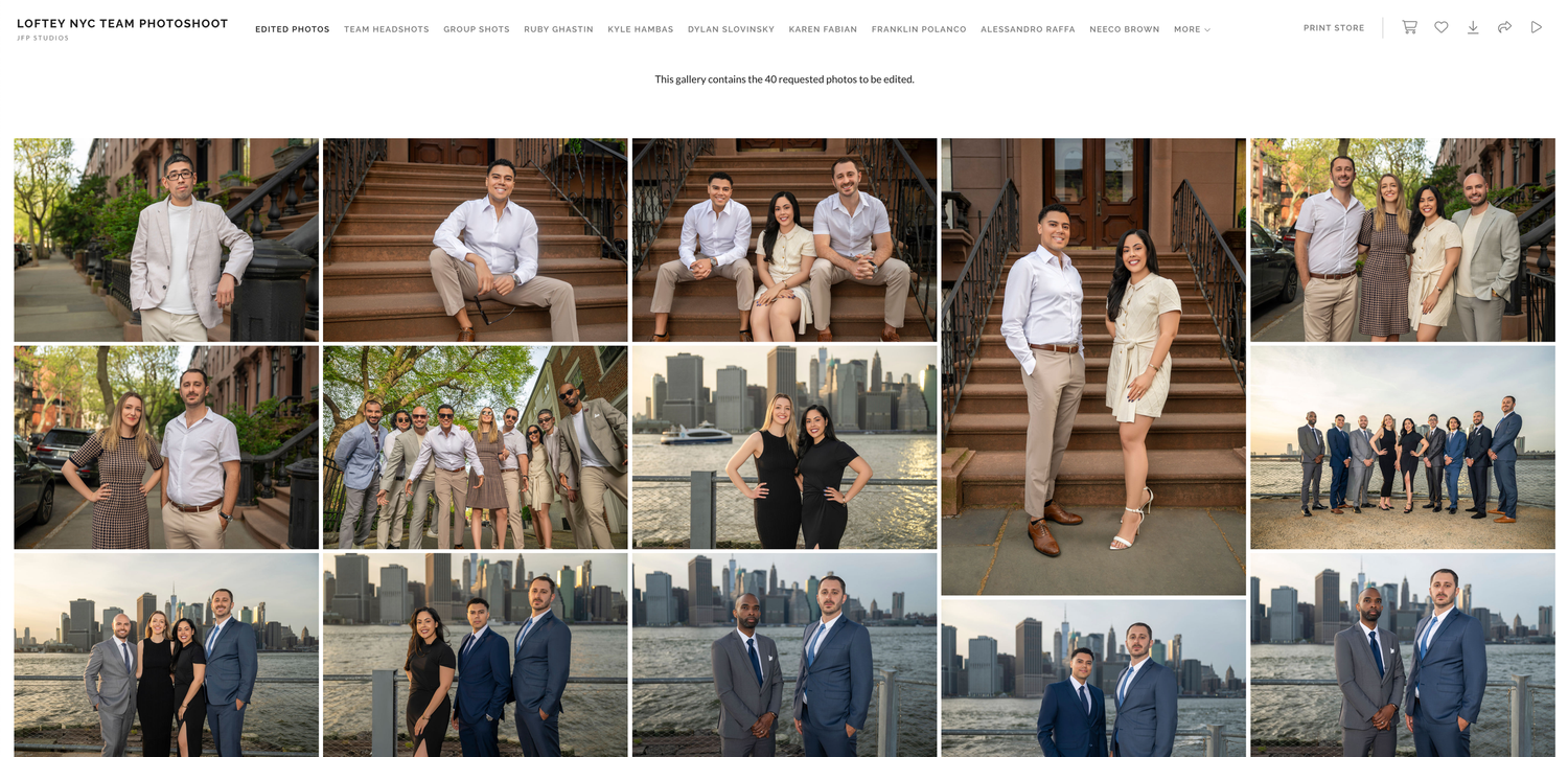 Wedding party group poses outdoors in coordinated blue and white attire for formal photographs at a venue.
