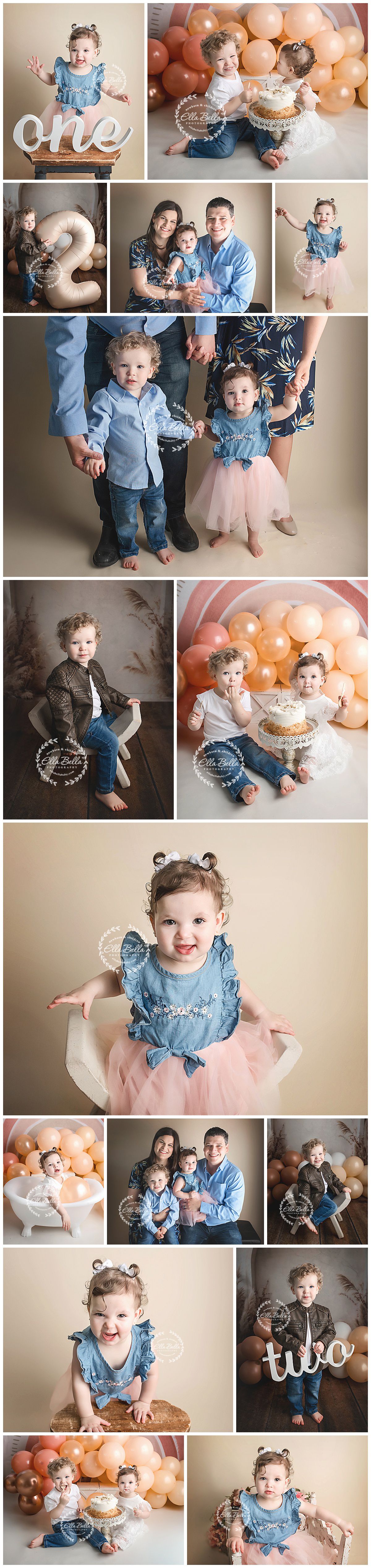 Professional studio portraits featuring birthday celebration scenes with peach balloons, cake smash moments, and family photos.