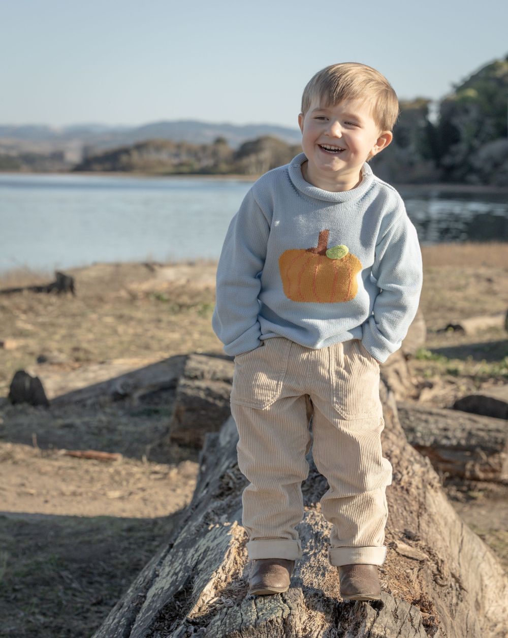 Child wearing grey sweater with pumpkin design and khaki pants stands on log at beach with water and hills in background.