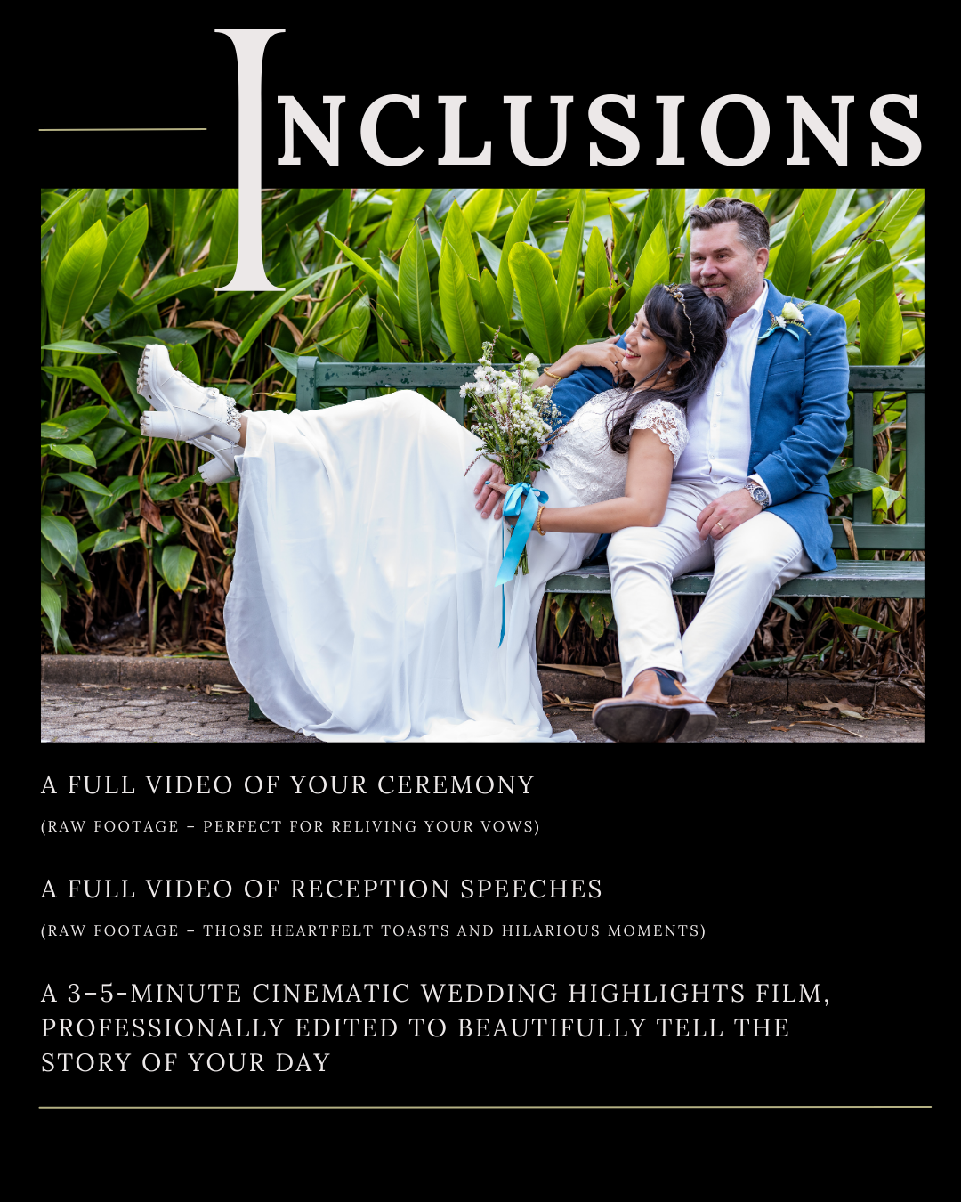 Wedding videography service advertisement featuring garden setting.