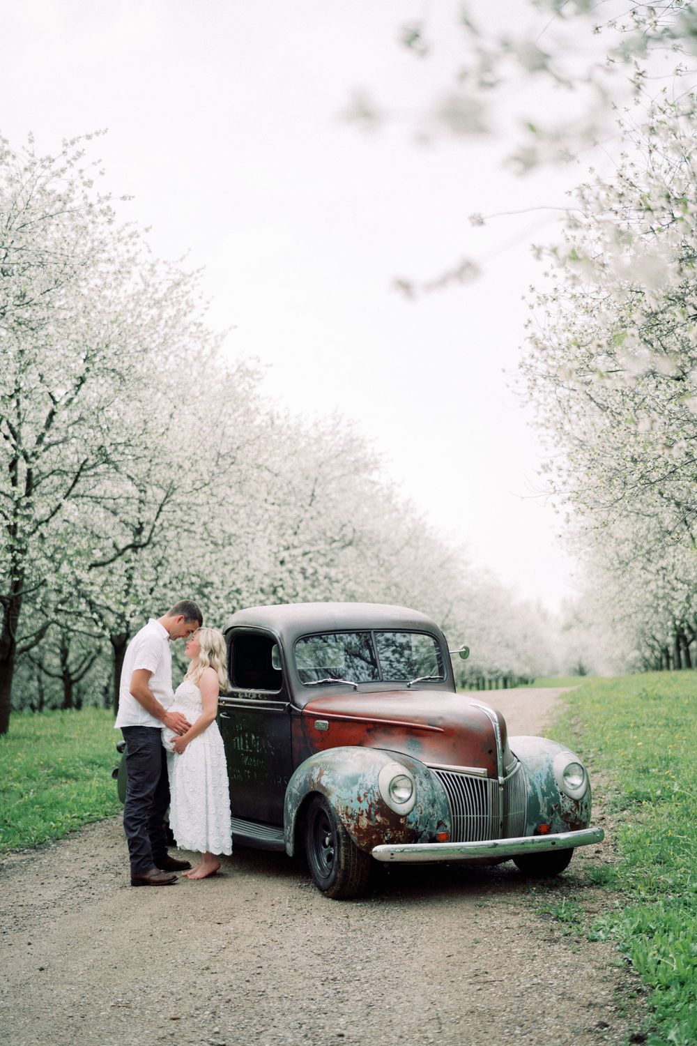 A romantic vintage scene with a classic 1940s car parked beneath blooming white cherry blossom trees on a dirt path.