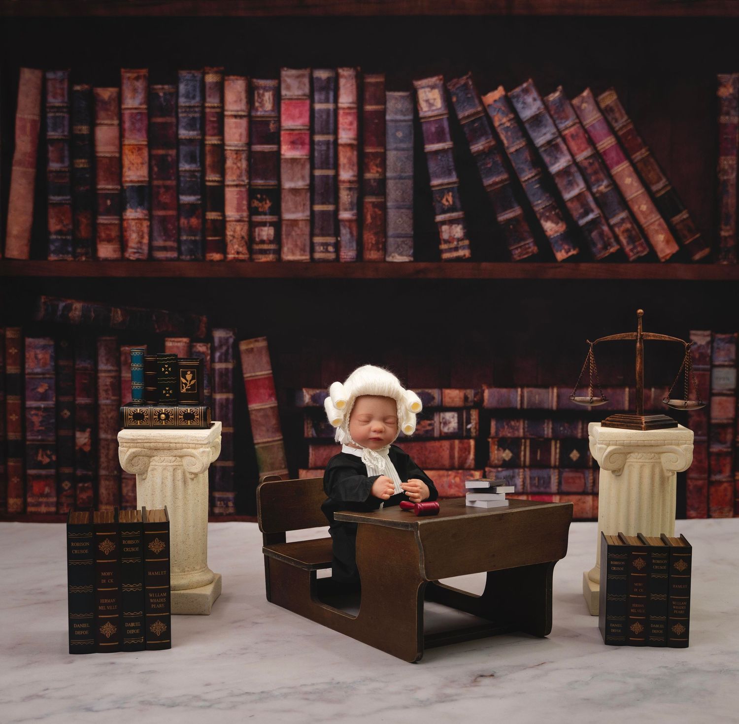 Classic library setting with antique leather-bound books and decorative columns.