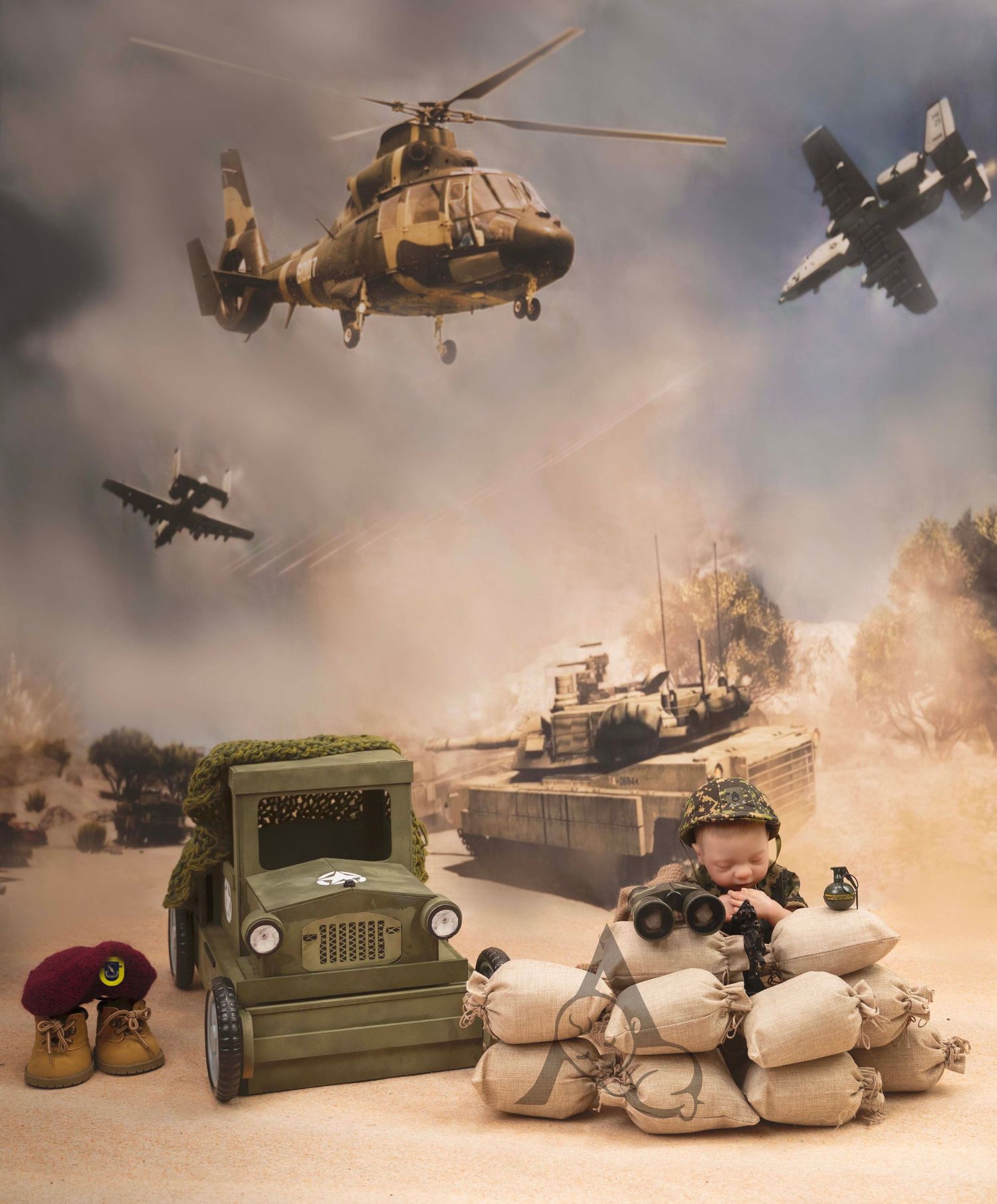 Military diorama scene with helicopter, jets, tank and sandbag bunker in desert setting.