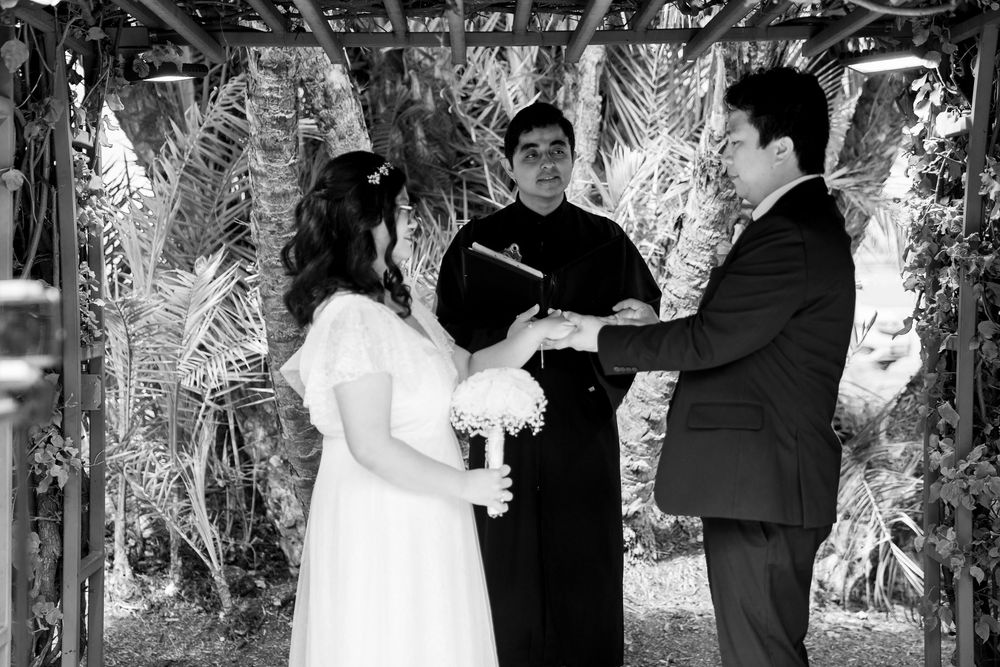 A couple exchanges vows during their outdoor wedding ceremony under a palm-covered archway with an officiant.