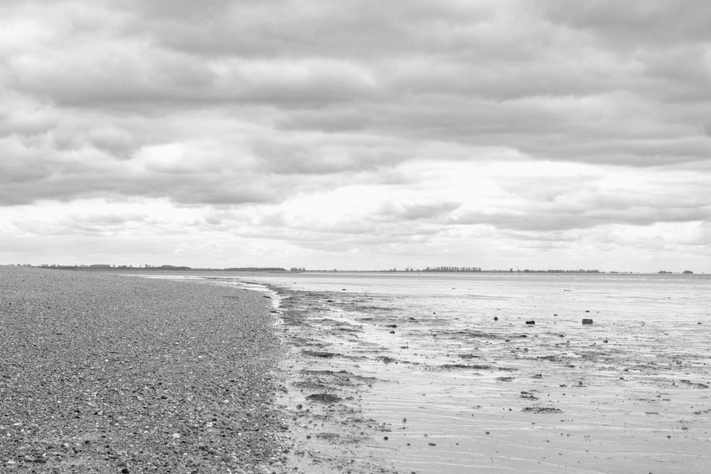 A black and white scenic view of a pebbled beach shoreline under moody cloudy skies.