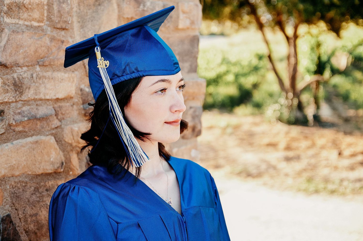 Graduate in royal blue cap and gown poses outdoors against brick wall during sunny commencement day.