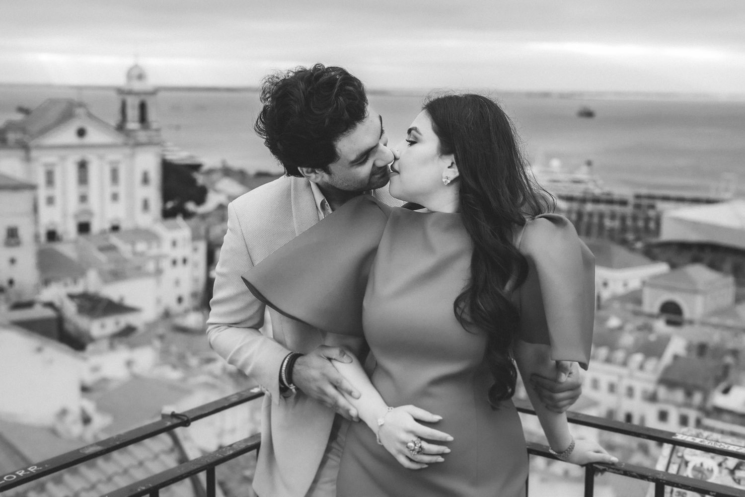 Candid moment during Indian engagement shoot in downtown Lisbon.