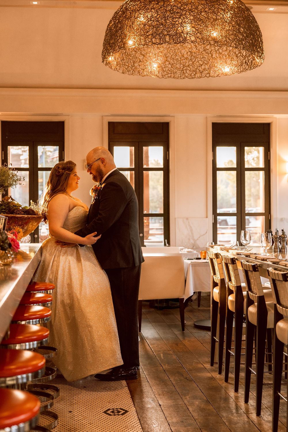 bride and groom outside their Valentine’s Day tradition spot