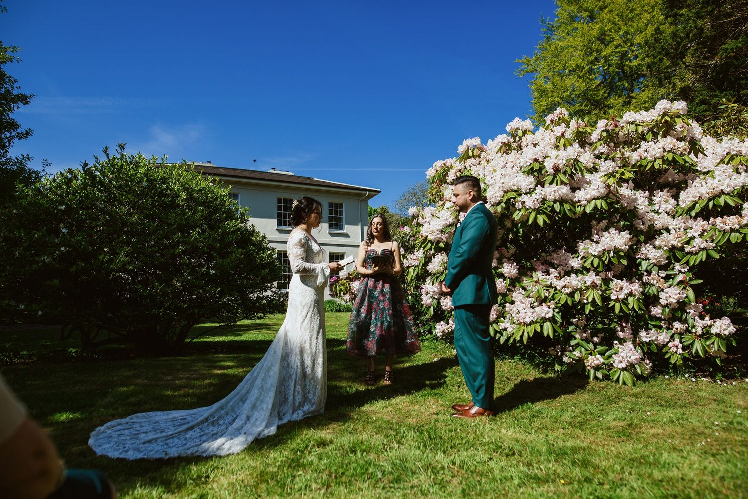 Wedding celebration outdoors with blooming white rhododendrons in a garden setting on a sunny day.