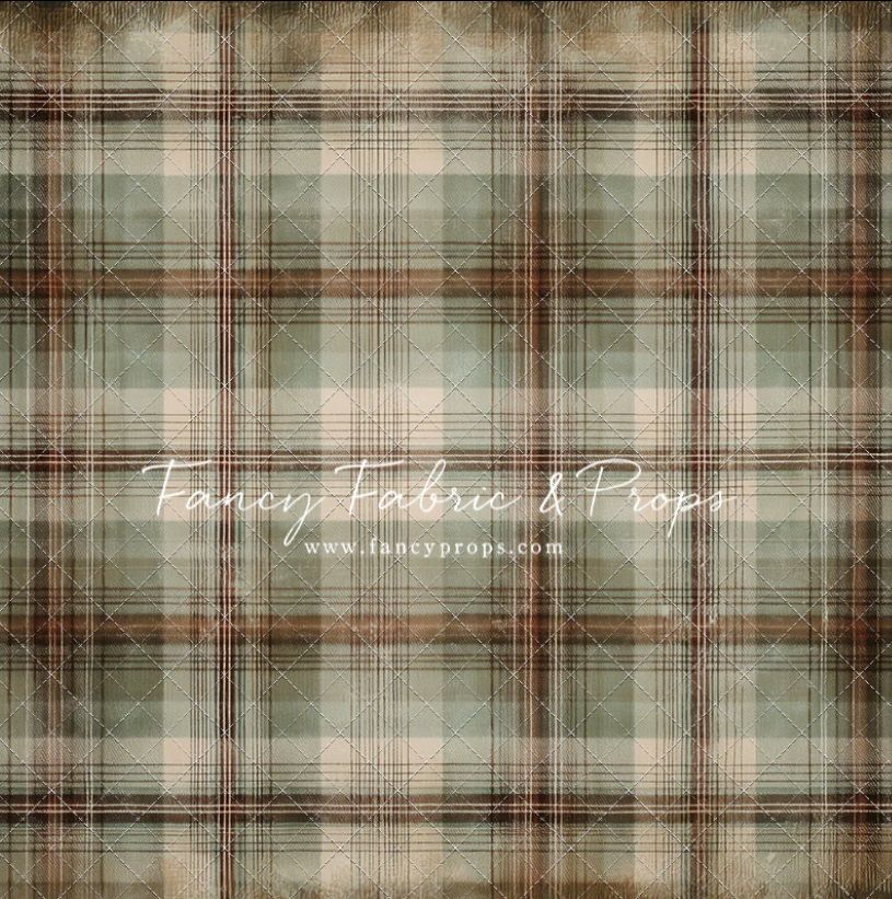 Rustic plaid pattern in brown and beige tones with distressed vintage texture overlay.