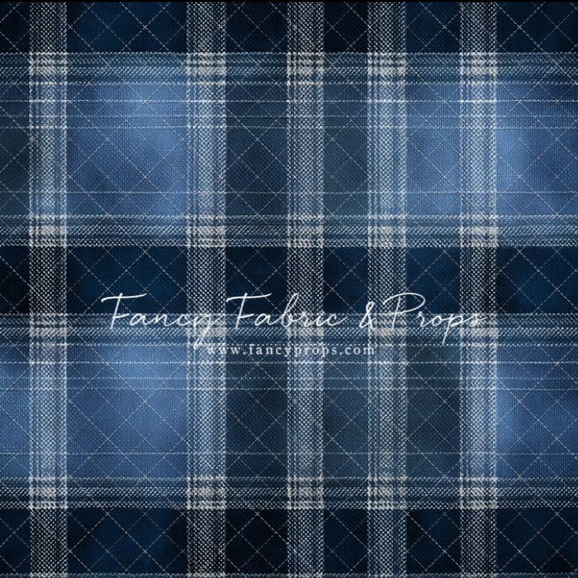 Plaid fabric pattern in dark blue and white with elegant cursive text overlay.