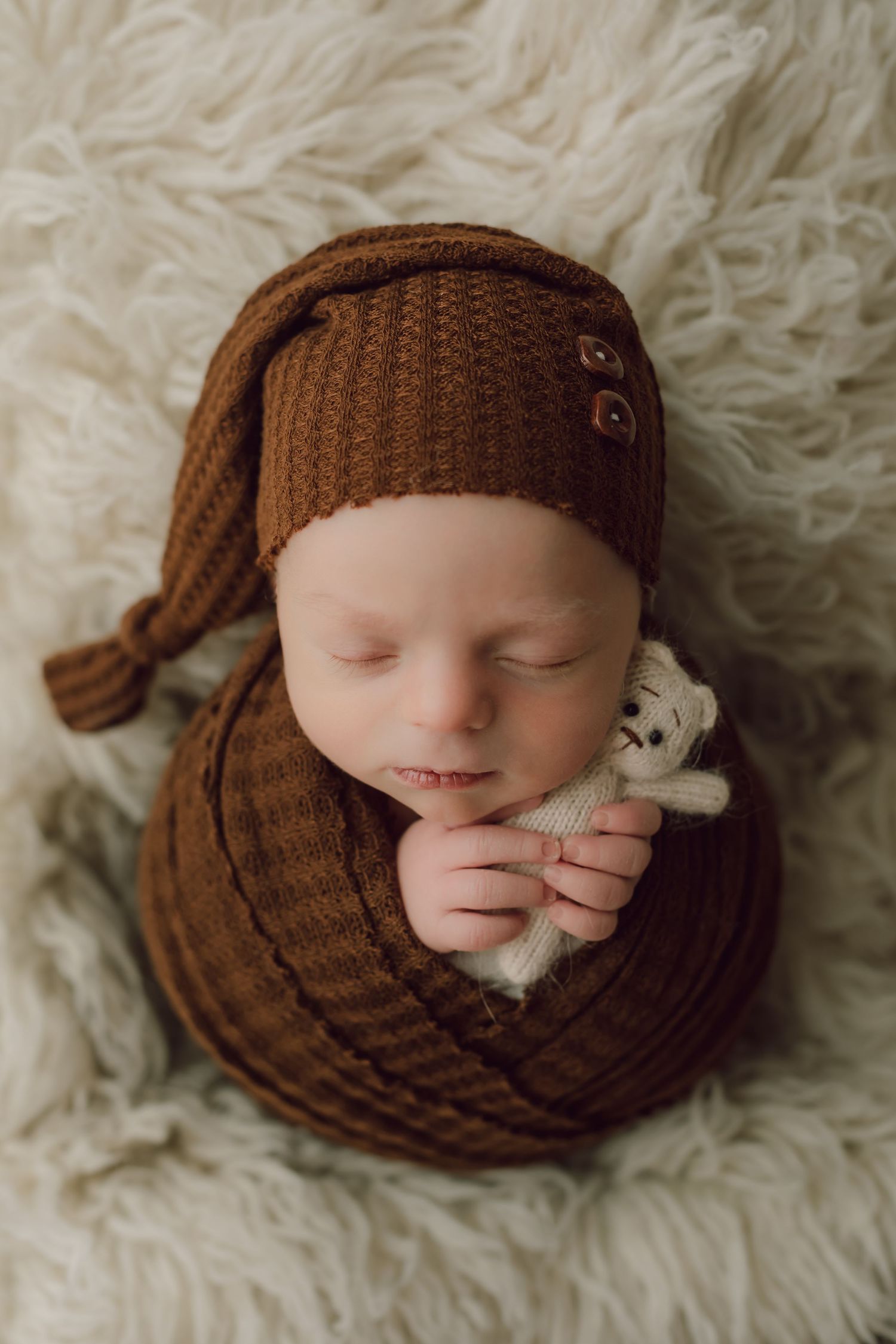 Newborn baby boy swaddled in brown holding a white teddy bear for his studio newborn portrait session.