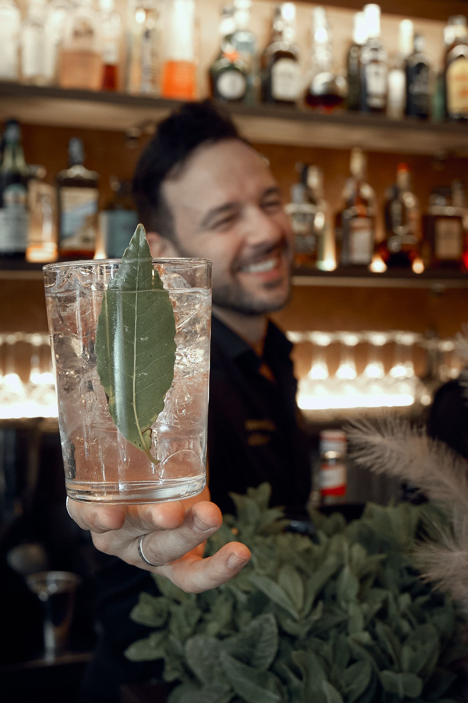 Cocktail with a large green leaf garnish being presented at a well-stocked bar.