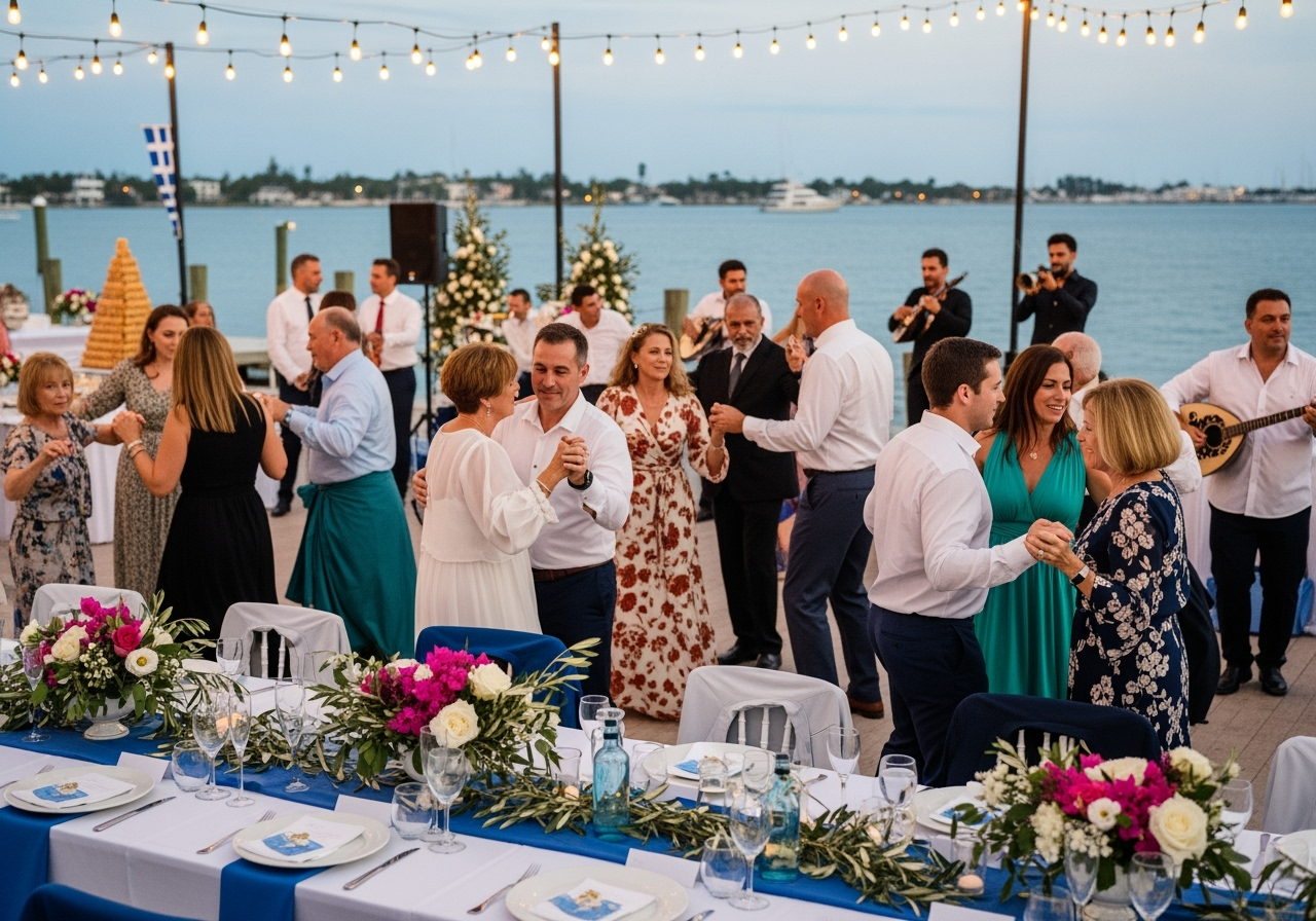 String lights illuminate an outdoor wedding reception party with guests mingling and dining near the water at dusk.
