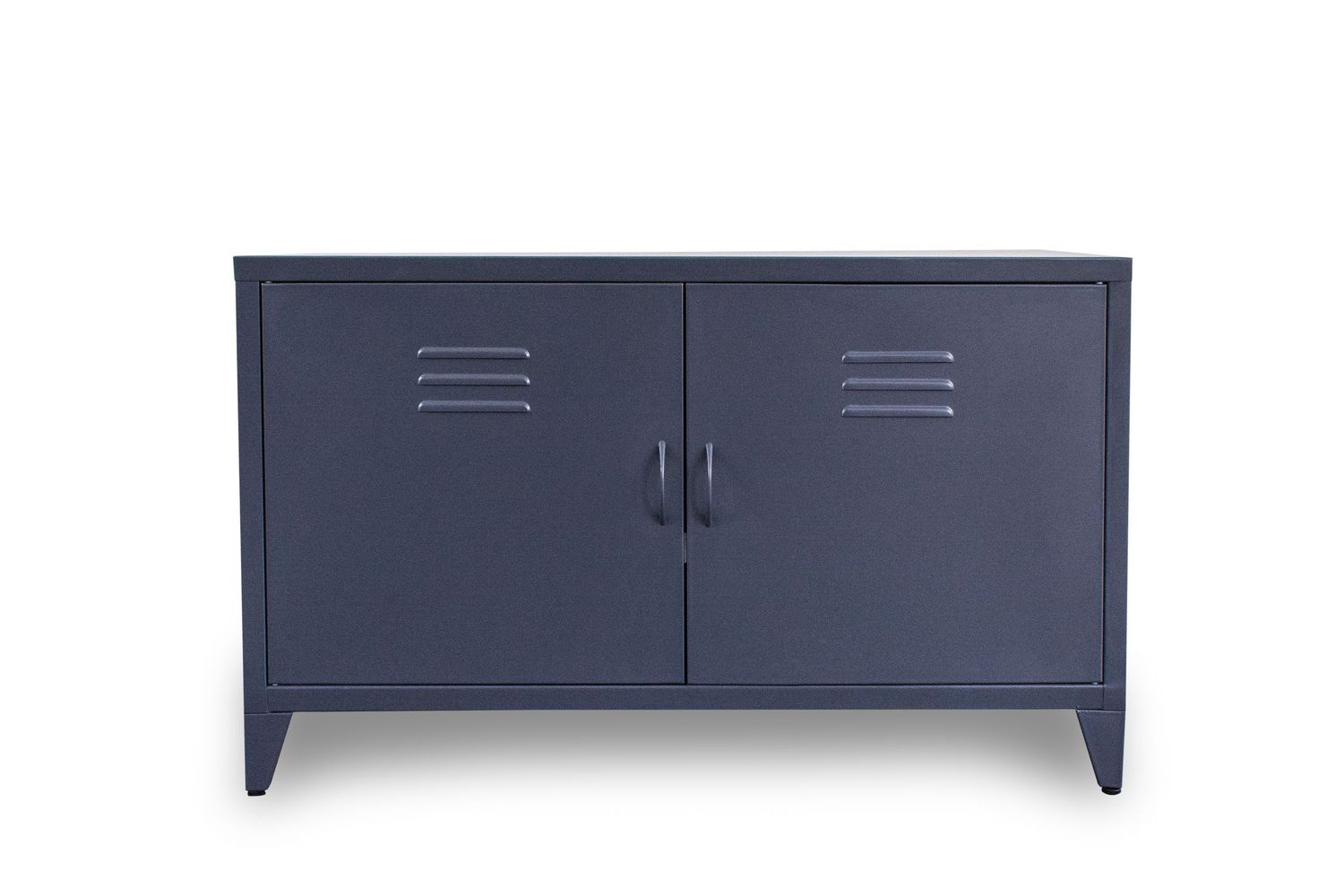 Dark blue metal storage cabinet with locker-style doors and ventilation slots.