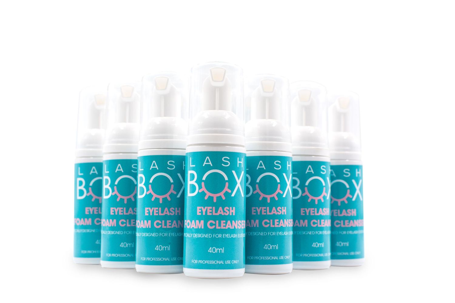 Collection of turquoise and white cleaning product bottles arranged in formation.