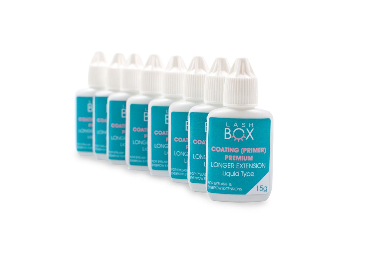 Row of eight identical white and turquoise cleaning solution bottles.