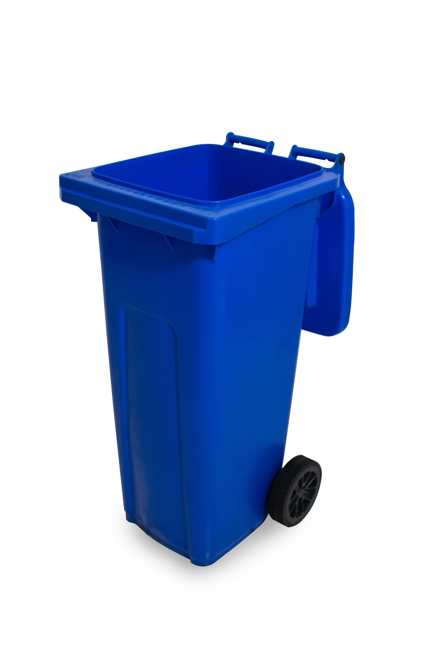 Blue plastic wheeled garbage bin with handles isolated on white background.
