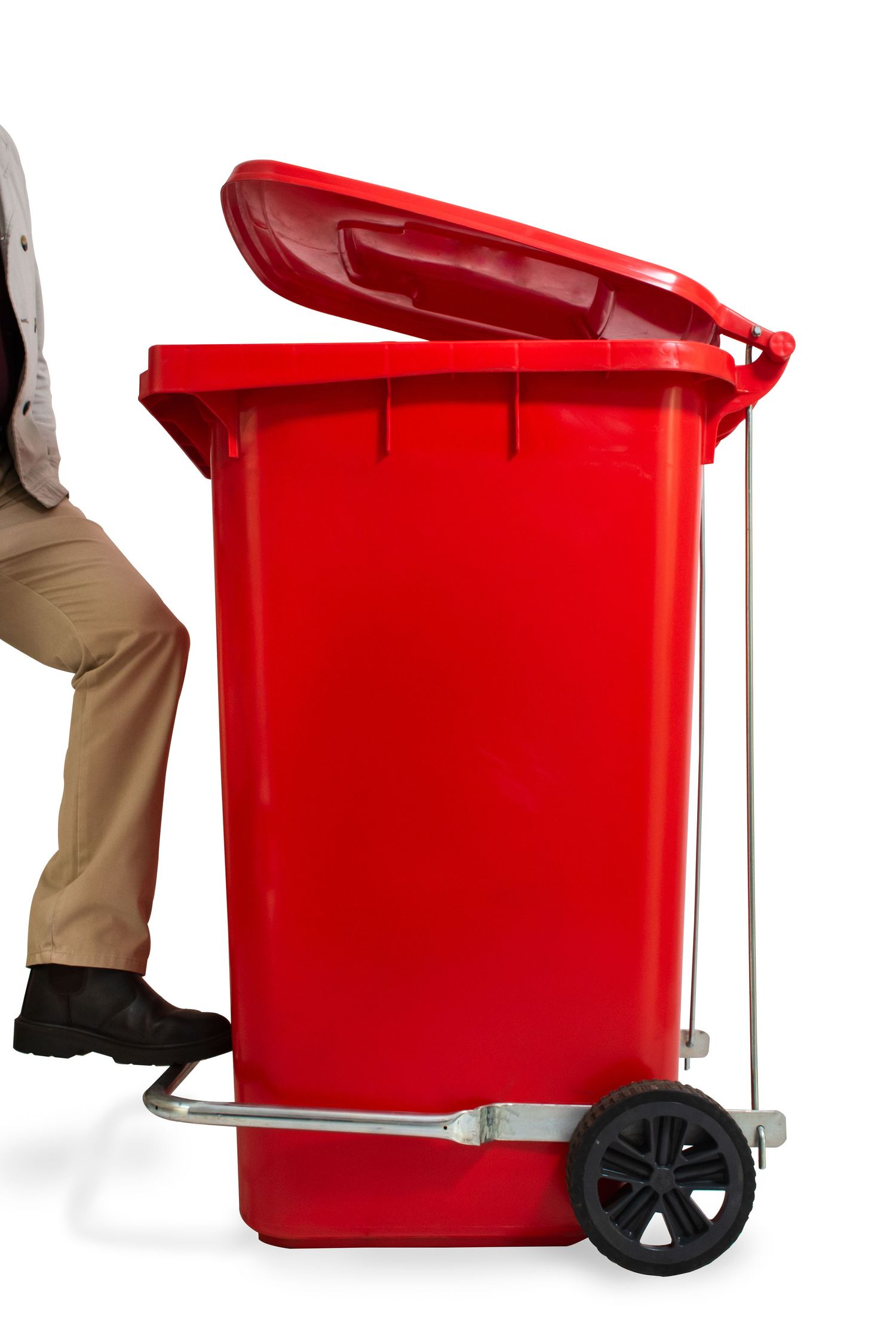 Red plastic wheeled waste bin with foot pedal being demonstrated.