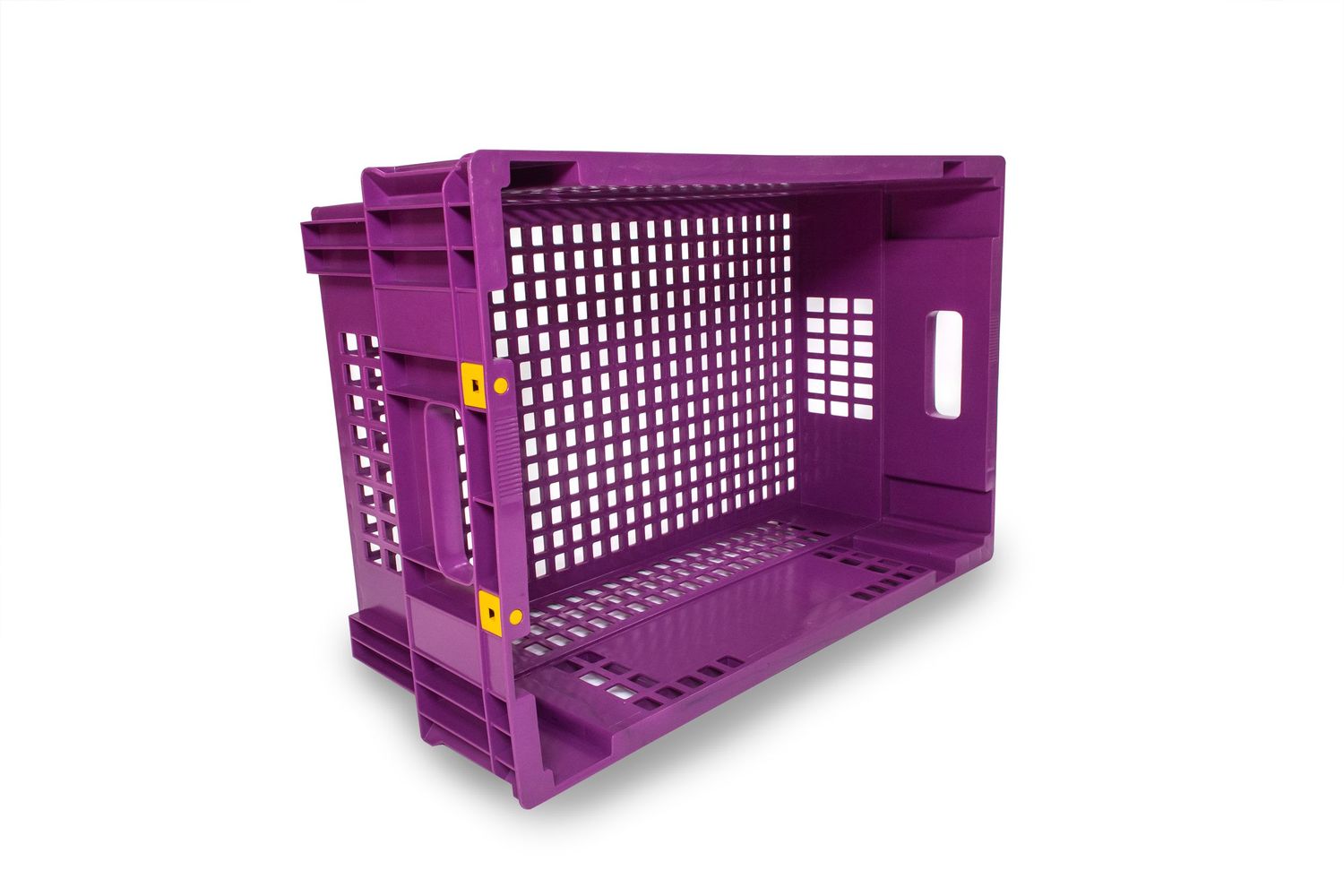 Purple plastic storage crate with perforated sides and stackable design.