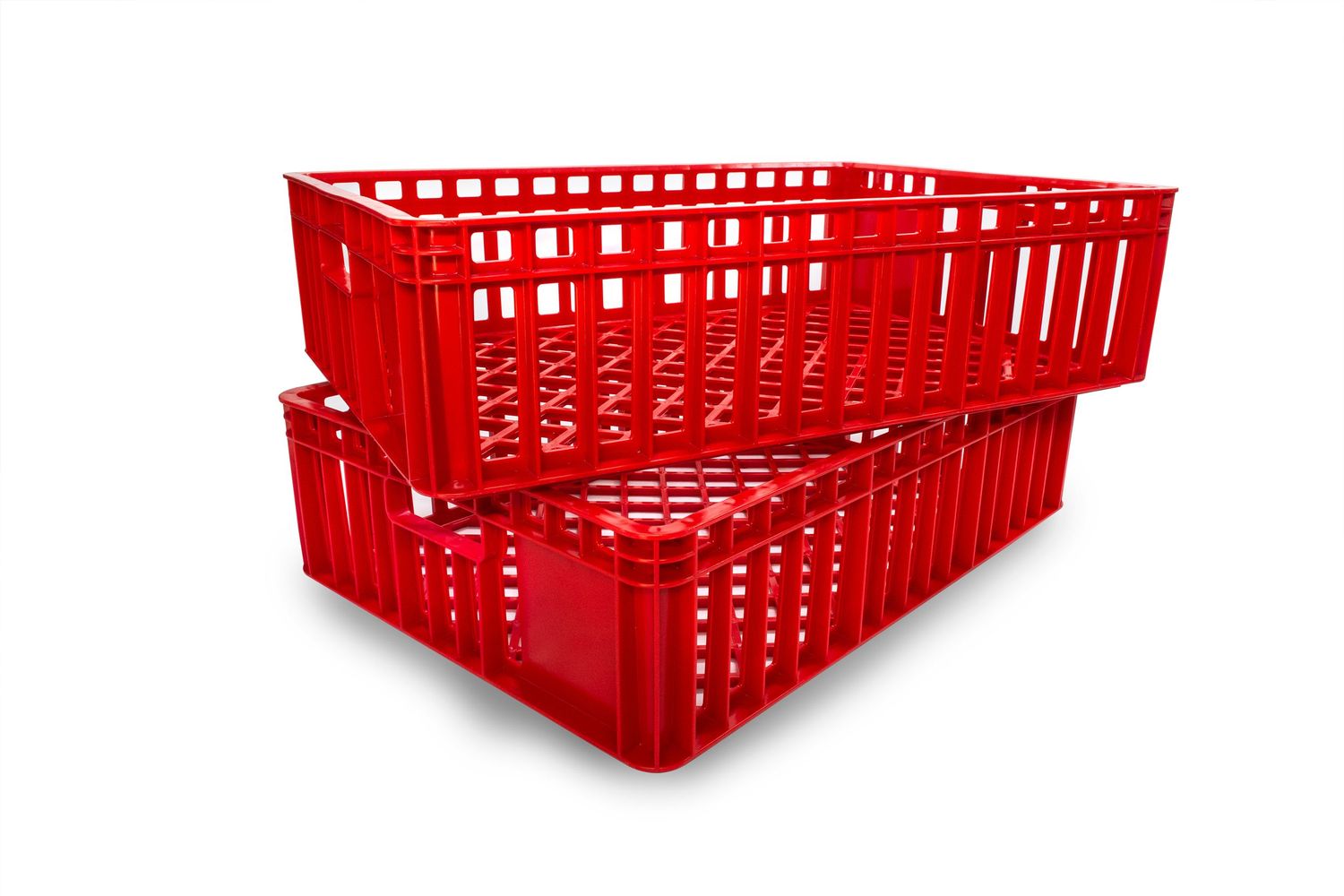 Two stacked red plastic storage crates with ventilated sides and rectangular design.