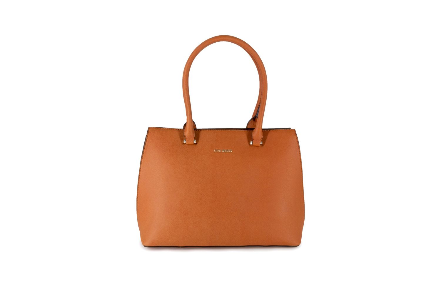 Classic tan leather structured tote bag with top handles.