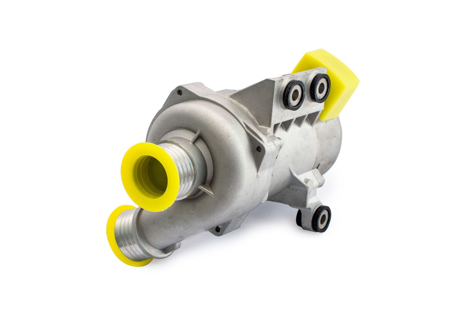 Electric water pump with yellow connectors and metal housing.