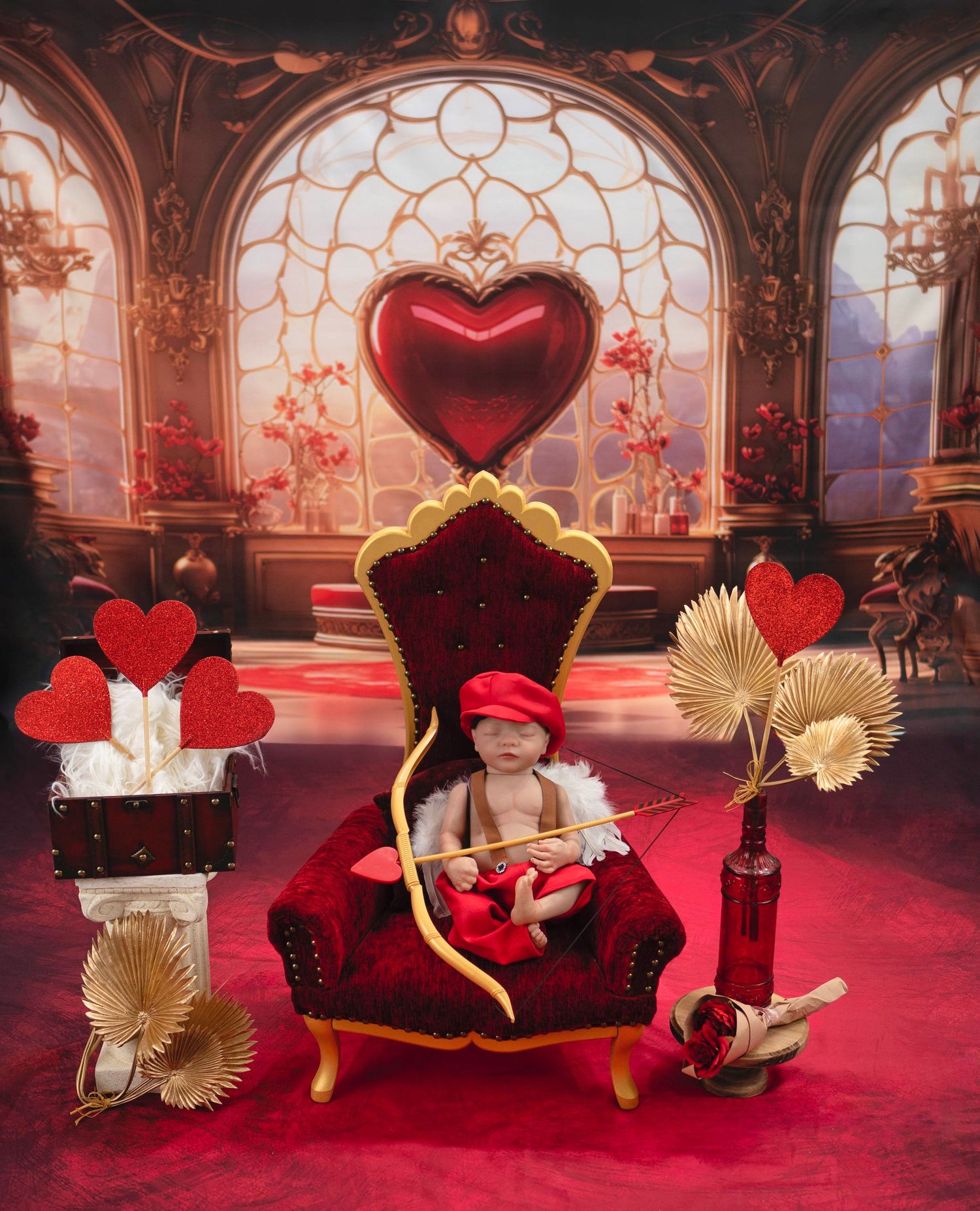 Elegant Valentine's themed set with red throne, heart backdrop, and gold decorative elements.