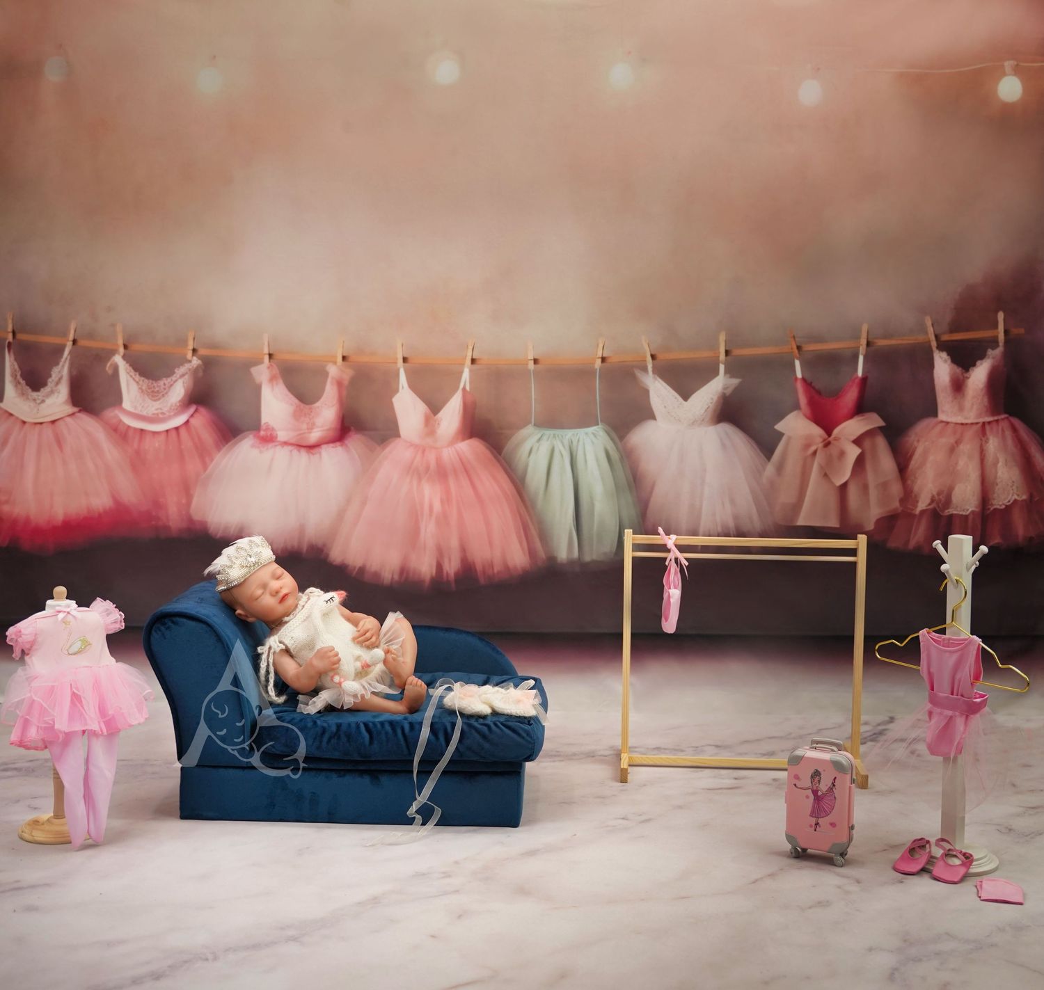 Ballet tutus hanging on clothesline with dance accessories and pink decor.