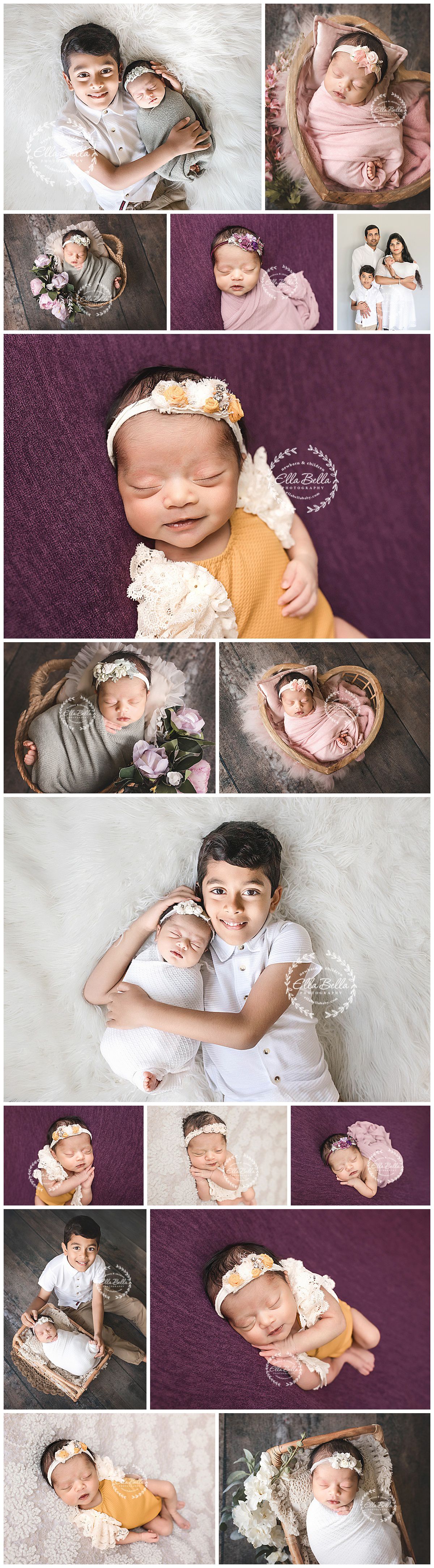 Beautiful newborn photography collage featuring artistic poses with soft fabrics, floral elements and dreamy lighting effects.