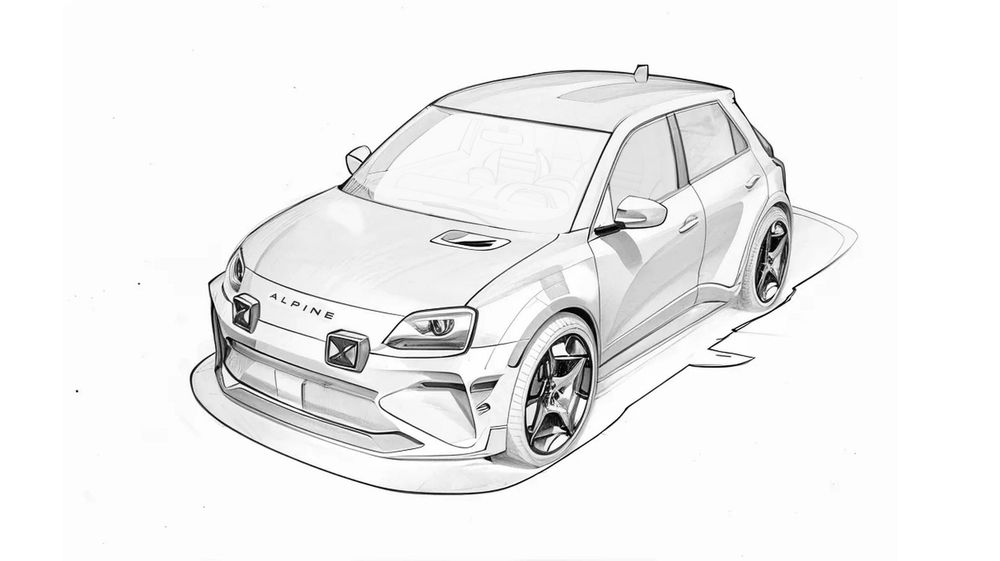 Hand-drawn pencil sketch of a modified Subaru WRX hatchback with lowered suspension and wide body aerodynamic kit.