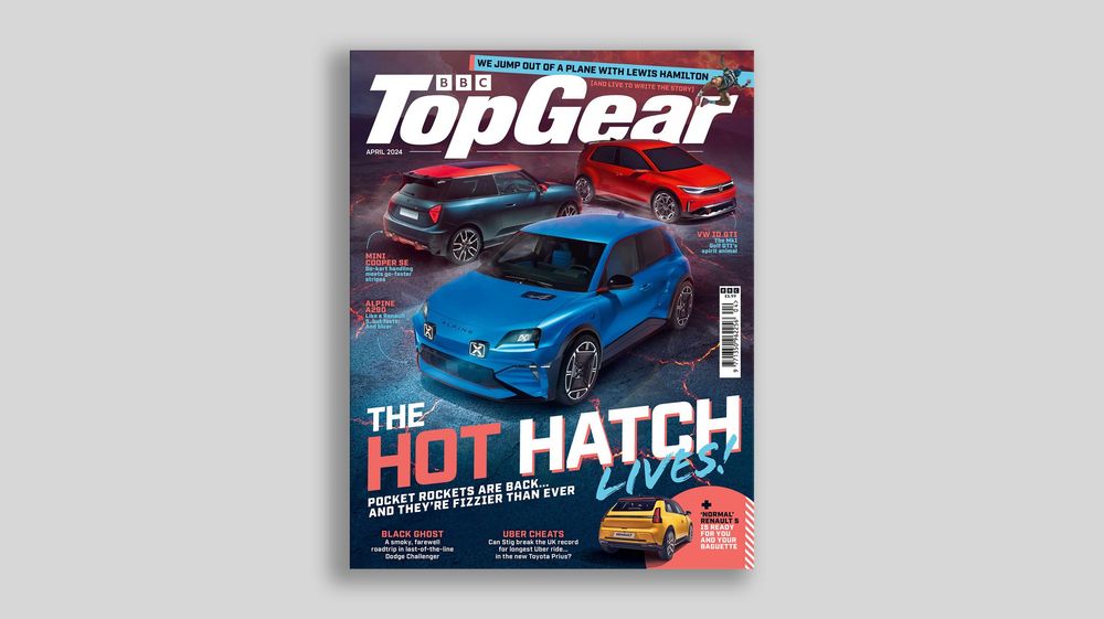 TopGear magazine cover featuring a blue hot hatch performance car against dark background with red accents.