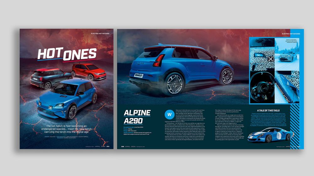 Magazine spread showing a blue car on multiple pages with vibrant lighting and automotive publication layouts in dark setting.