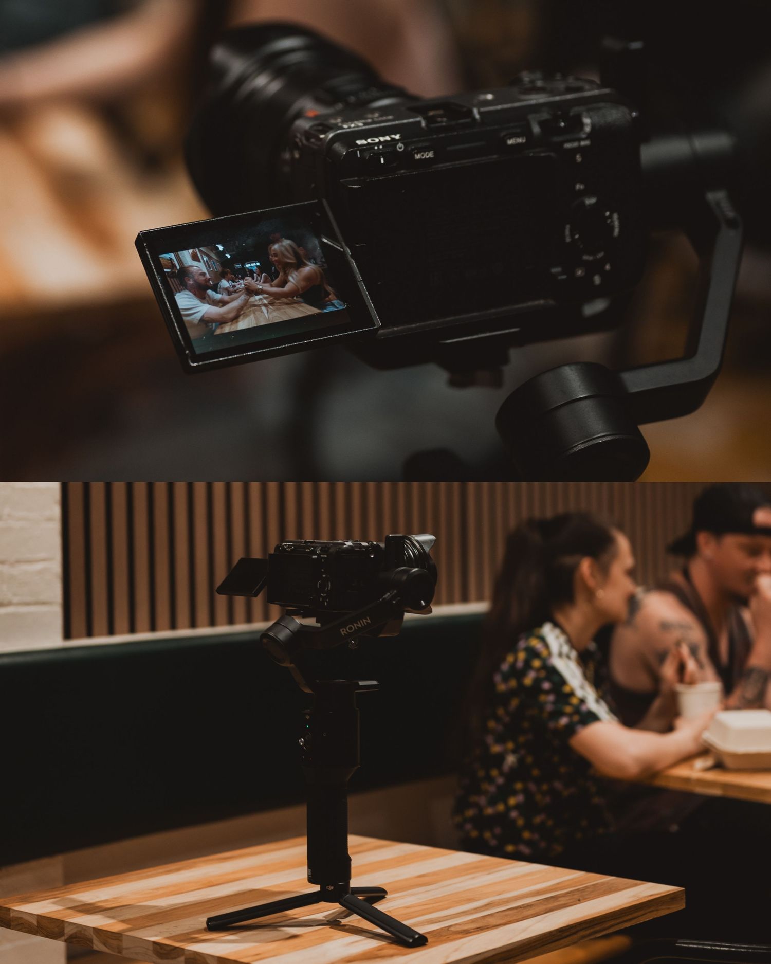 Professional camera mounted on a gimbal stabilizer captures video footage in an indoor setting.