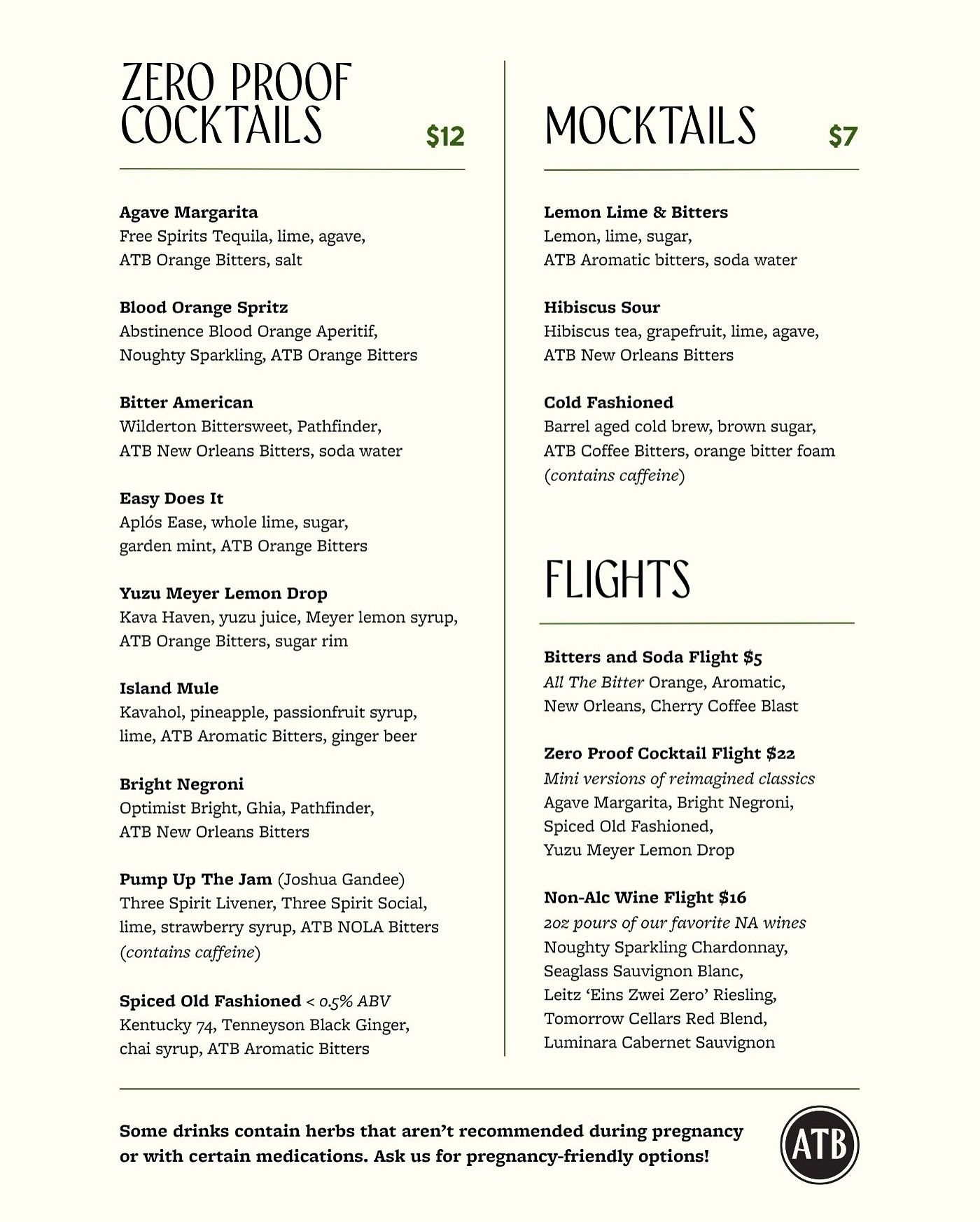 A dimly lit cocktail menu page showing various drink options including Zero Proof cocktails, Mocktails and drink flights.