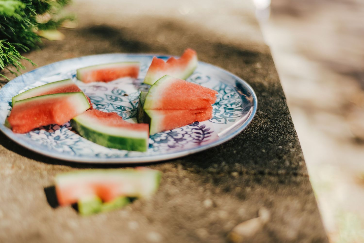 Sliced watermelon pieces arranged on a decorative plate with blue pattern details.