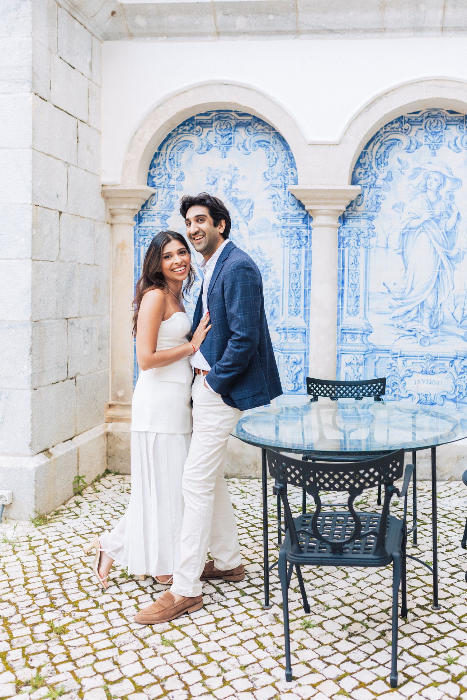 Romantic pre-wedding shoot in Sintra, Portugal, with an Indian couple exploring Penha Longa Resort. By a destination wedding Photographer
