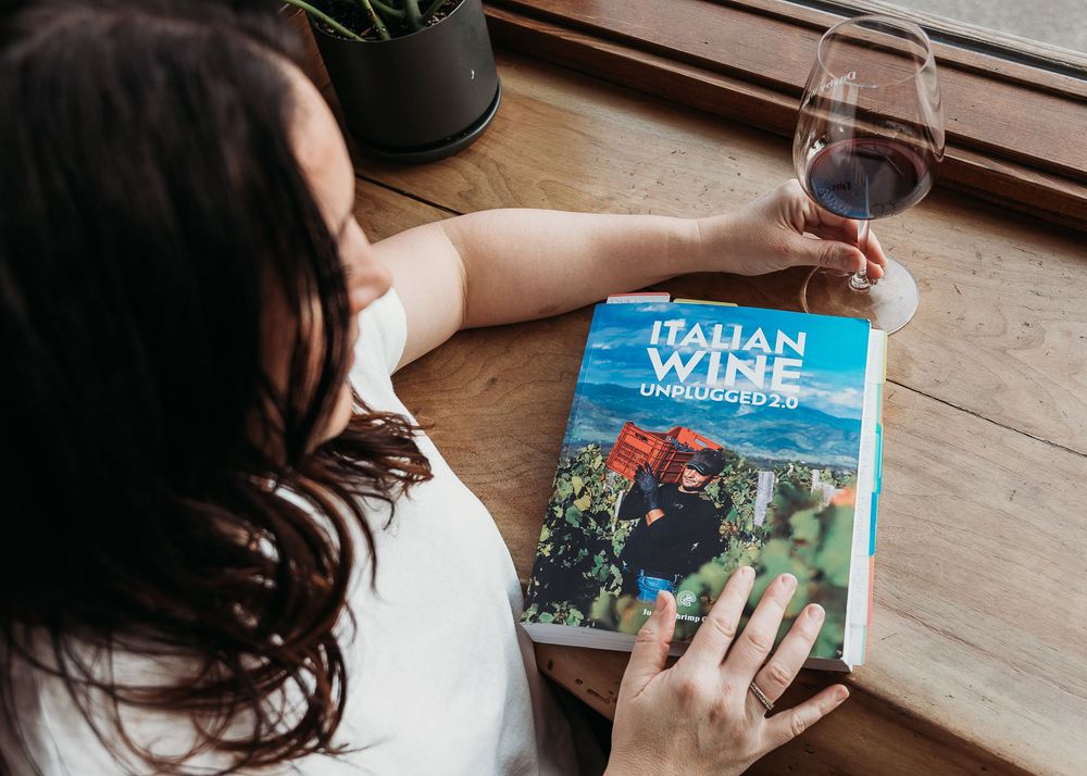 Person reading Italian wine magazine while enjoying a glass of red wine at a wooden table near a window.