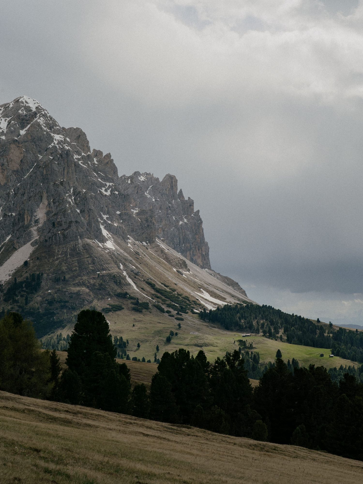 Dramatic mountain peak rises above green meadows and dark forest under moody cloudy skies in the Dolomites.