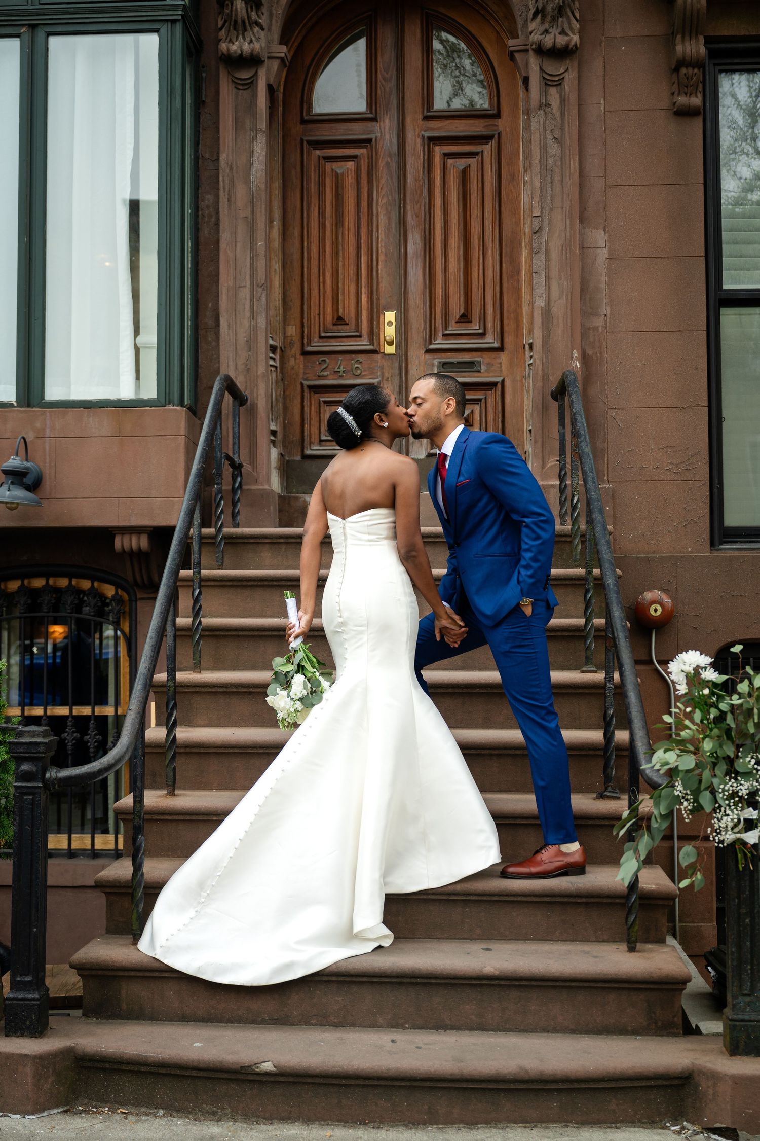 Wedding photos showing couple on brownstone steps, with bride in white dress and groom in blue suit.