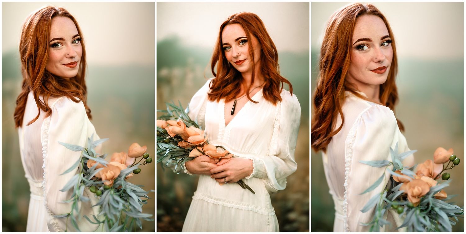 A triptych of romantic portraits featuring a woman in white dress holding dried flowers against a soft blurred background.