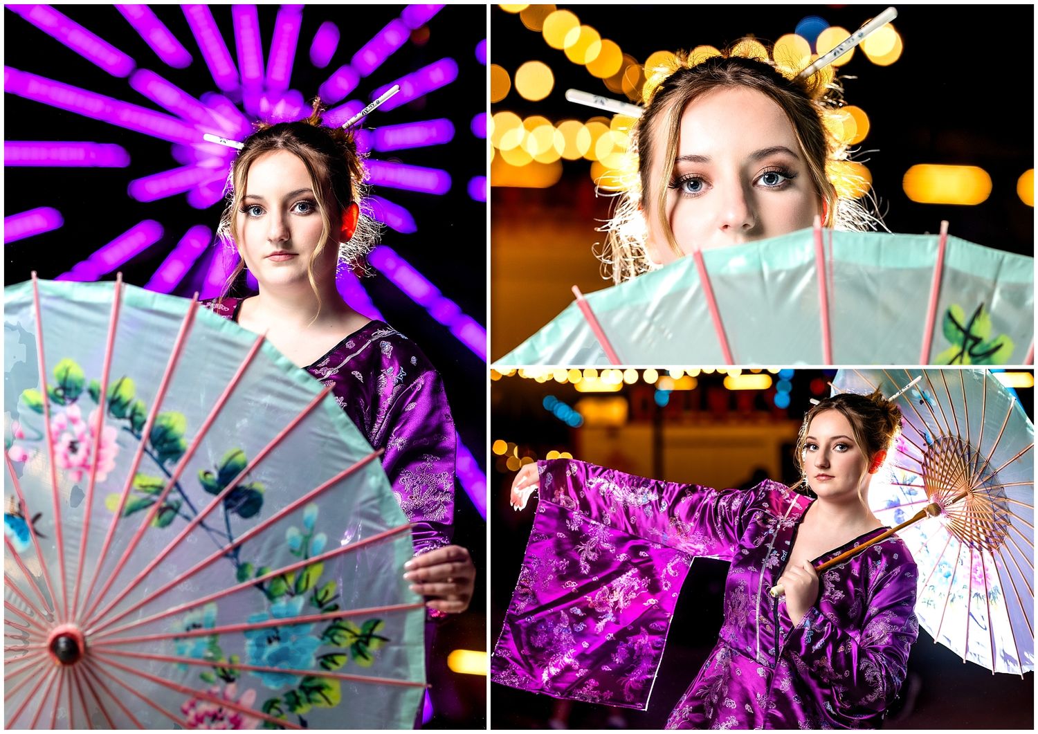 Person in purple dress poses with decorative paper parasols against vibrant backdrops with bokeh lighting effects.