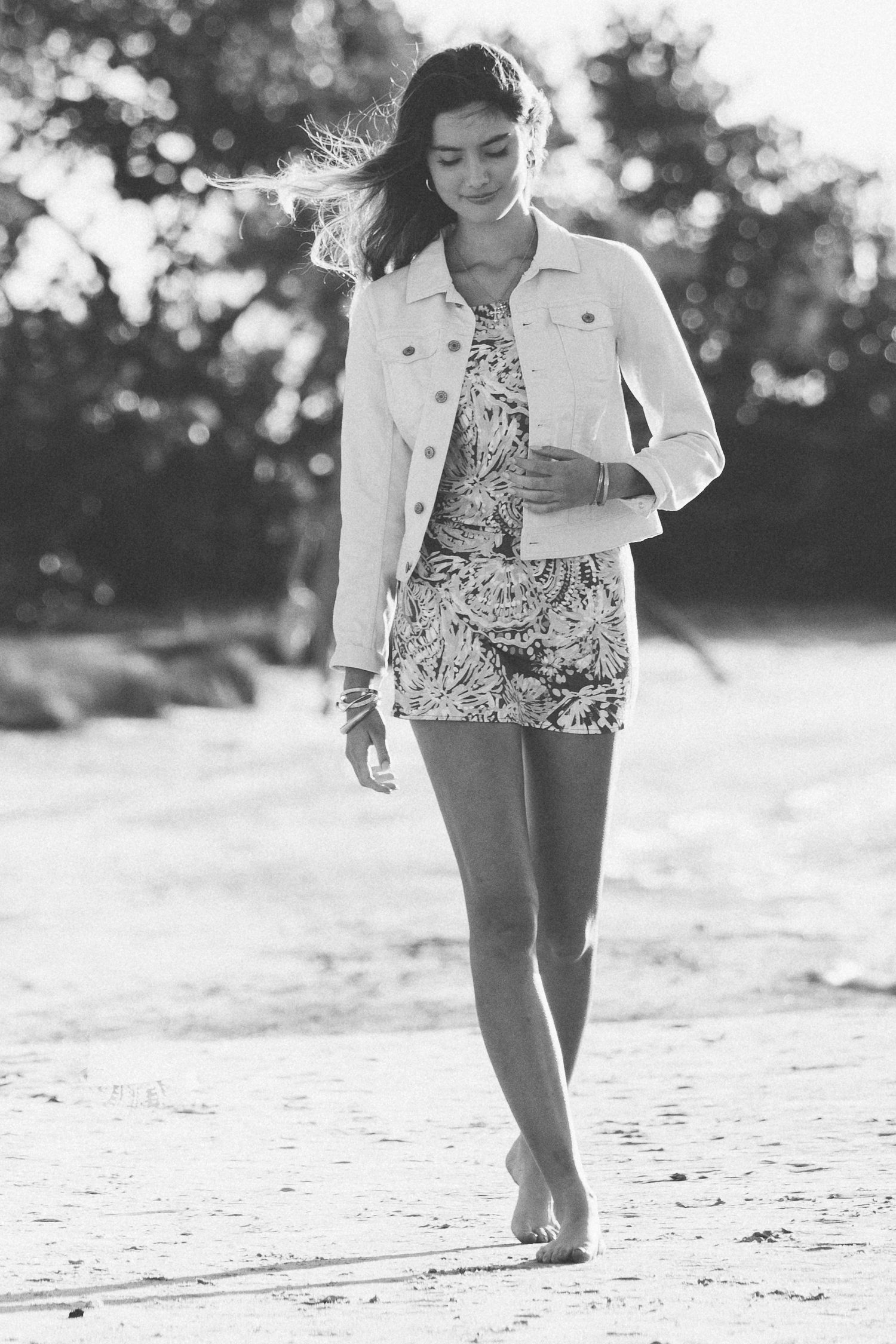 Stylish beachwear fashion captured during Tampa golden hour photo session in black and white