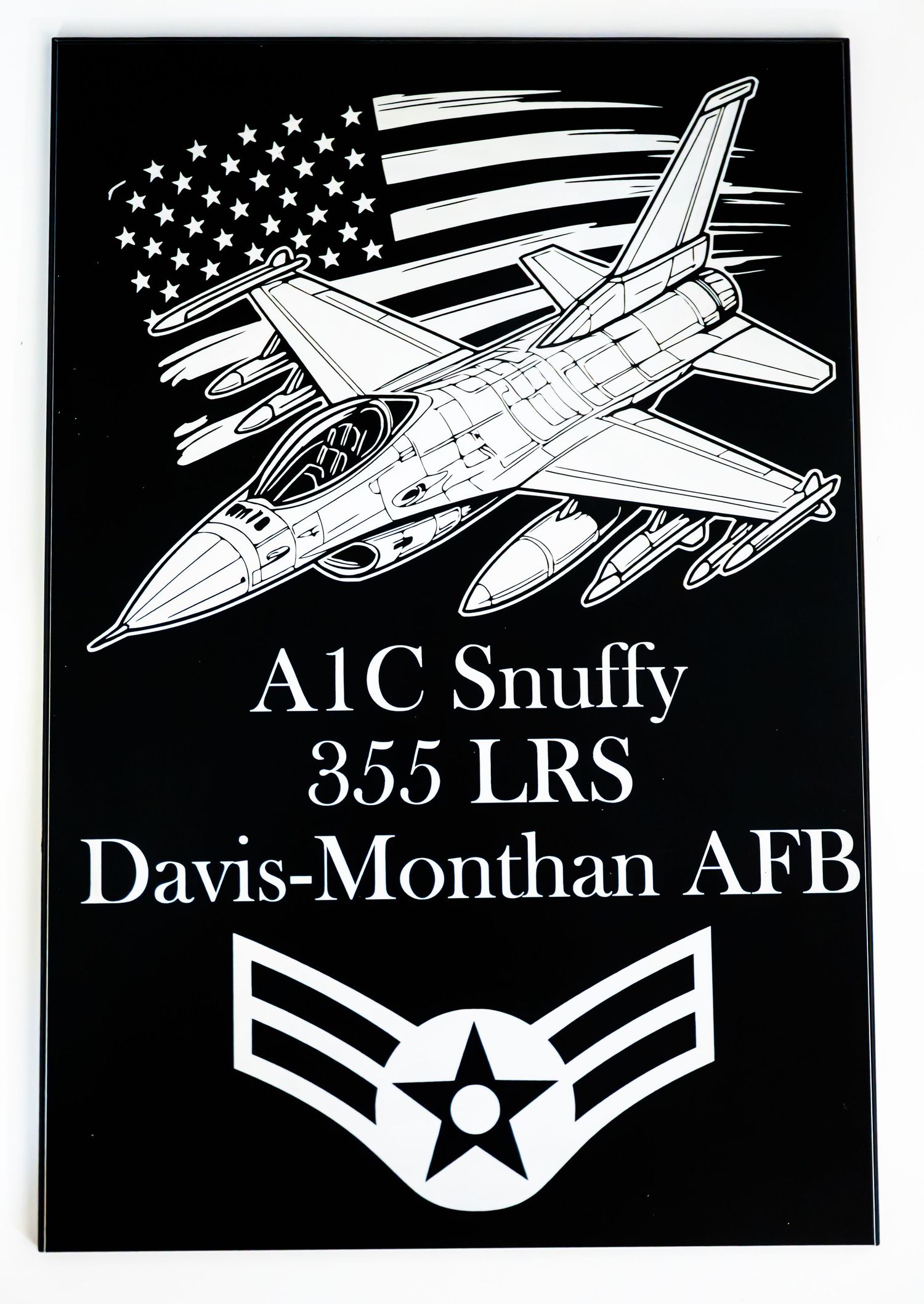 Military aircraft insignia for A1C Snuffy 355 LRS with American flag and jet illustration.