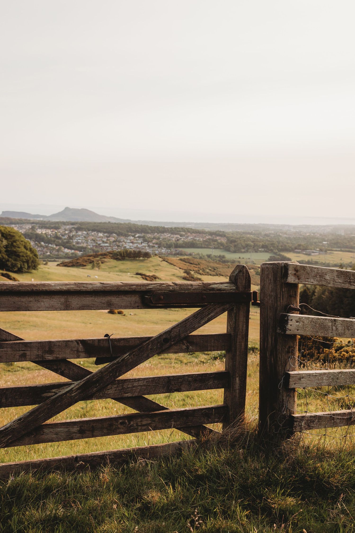 A rustic directional sign post with arrows pointing to Boghall, Capital View Walk, Hillend and Swanston in a countryside setting.