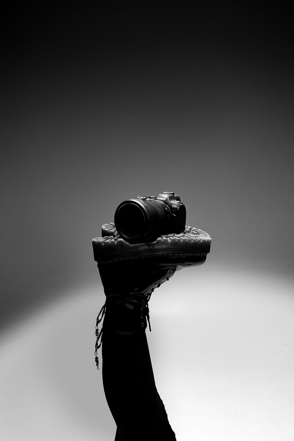 A black and white silhouette of an arm holding up a DSLR camera against a gradient background.
